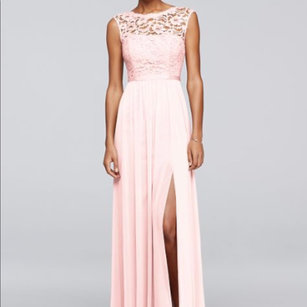 LONG BRIDESMAID DRESS WITH LACE BODICE